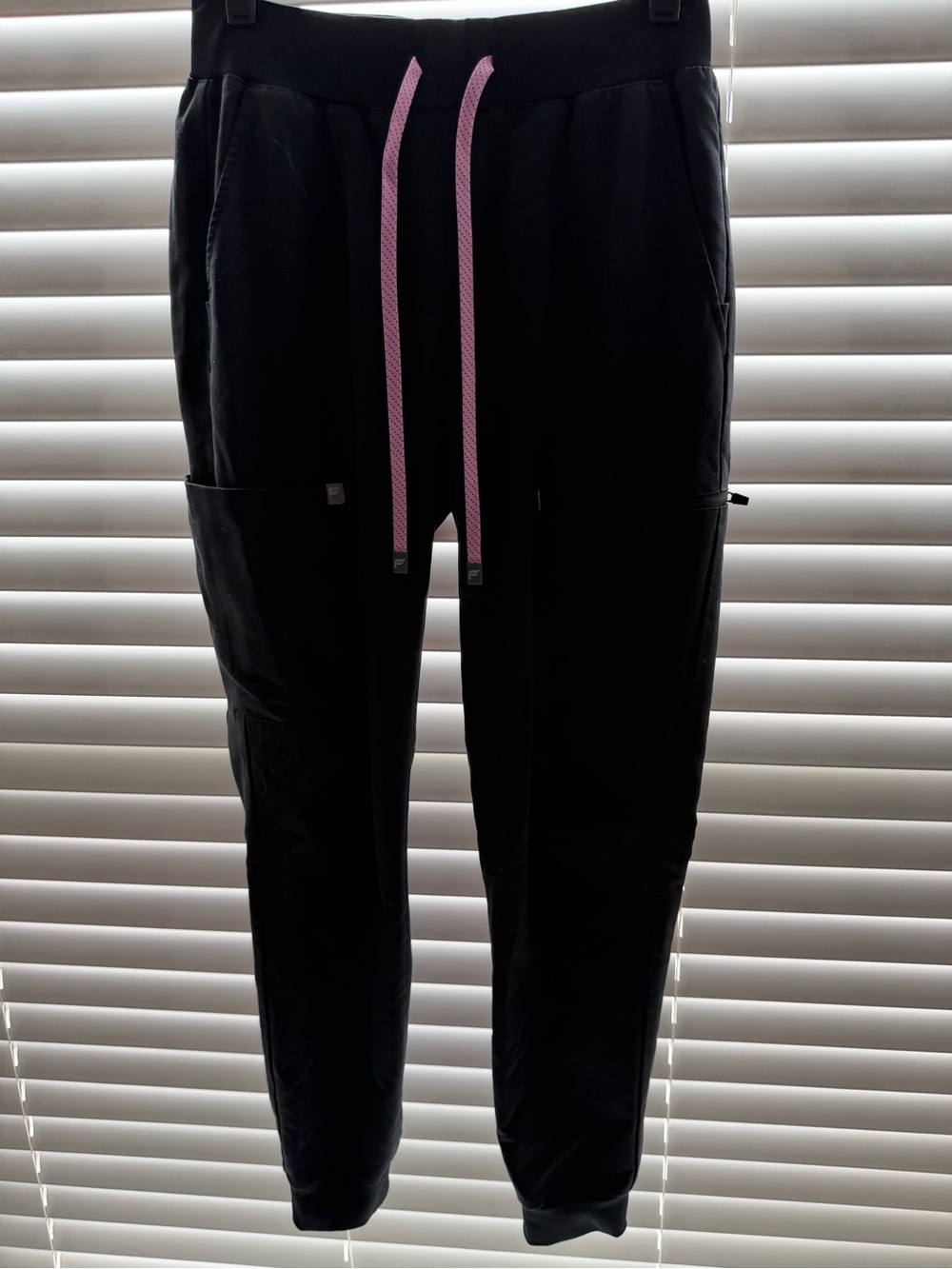 Fabletics Black Scrub Joggers with Purple Drawcord
